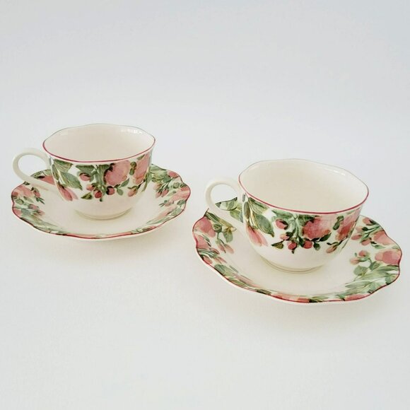 Vintage Nikko Precious Teacups & Saucers, 2 Sets, Red Poppy Flower Green Trim - Picture 2 of 16